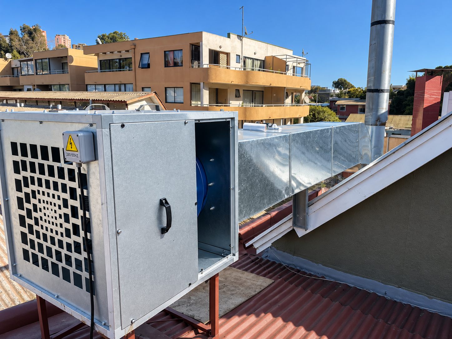 Caja de extracción galvanizada y ducto instalados sobre una techumbre