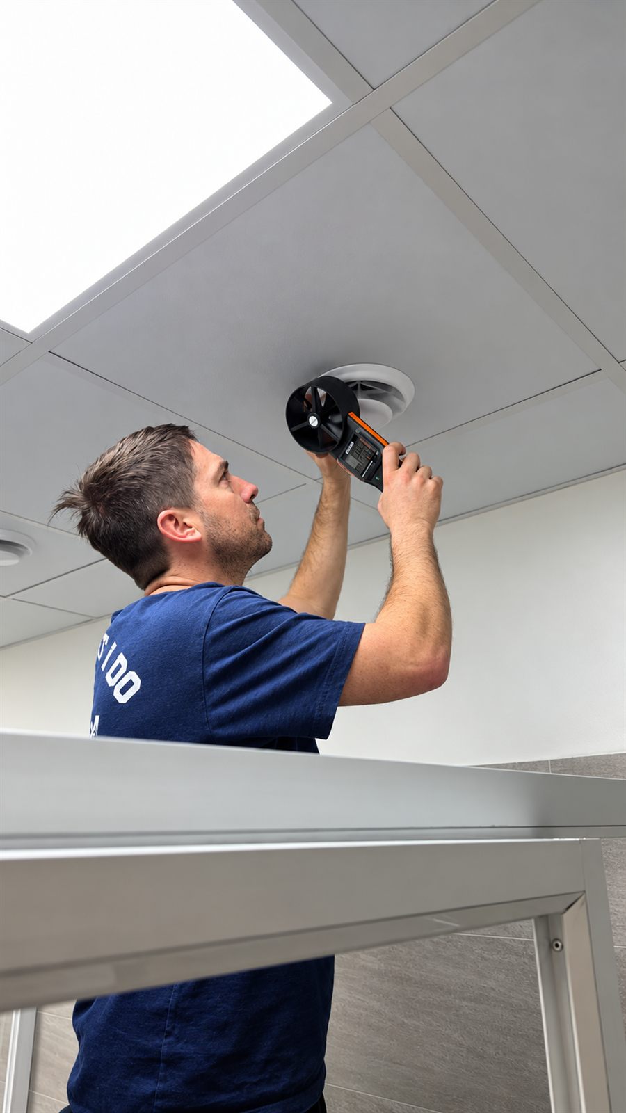 Técnico midiendo el caudal de aire en un difusor de cielo